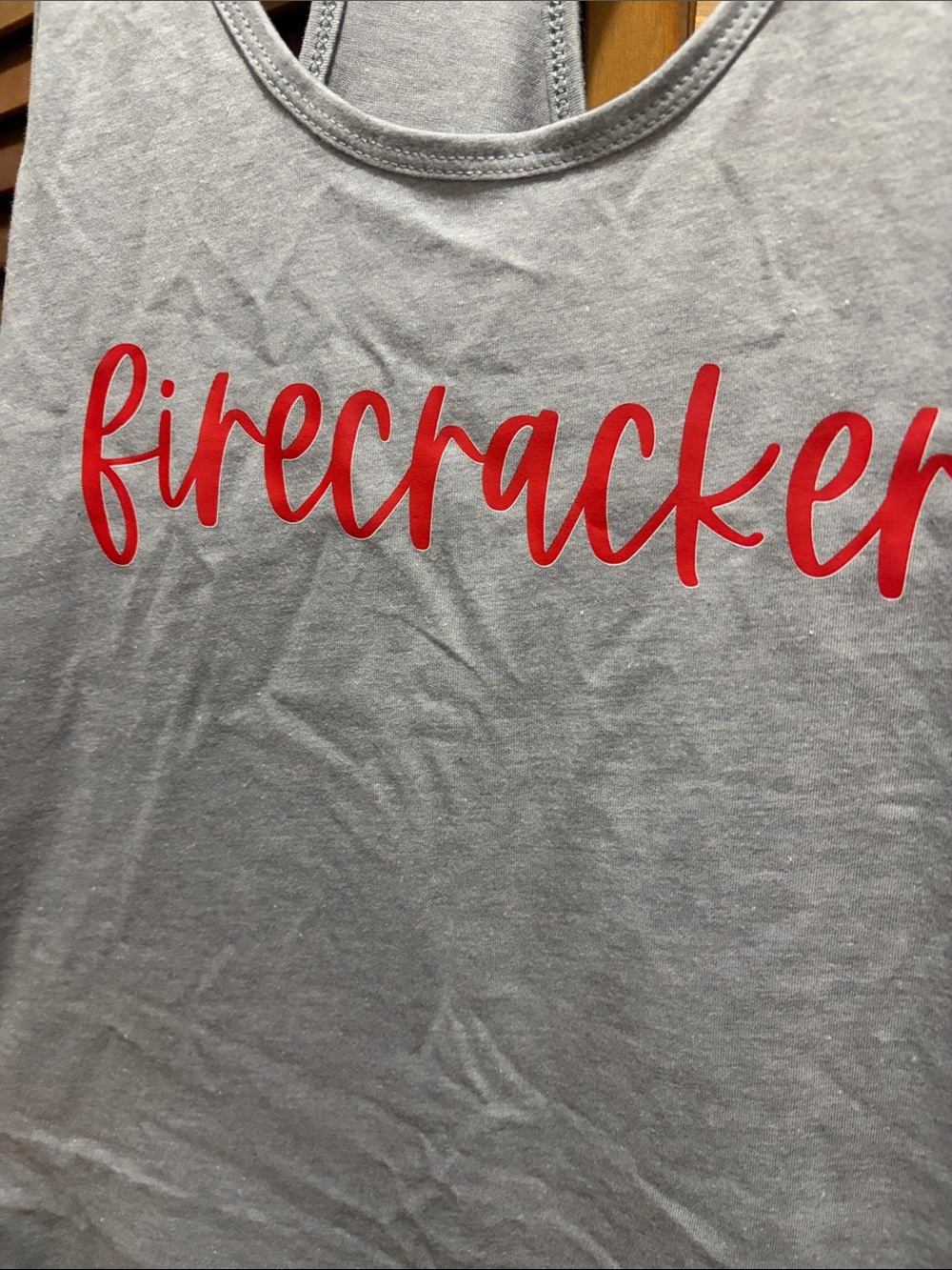 "firecracker" Graphic Racerback Tank - Light Gray with Red Script - Picture 2 of 4